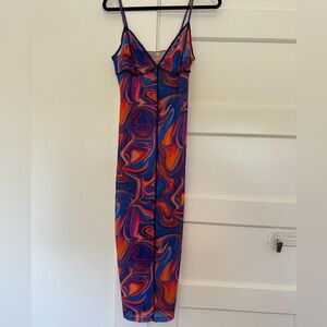Y2K Mesh Tie-Dye Slip Dress — Blue & Orange Sheer Mini